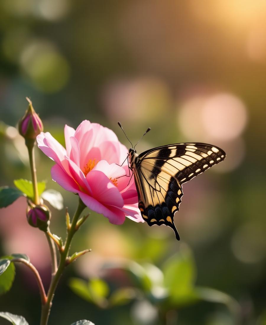 Swallowtail butterfly on a wild rose