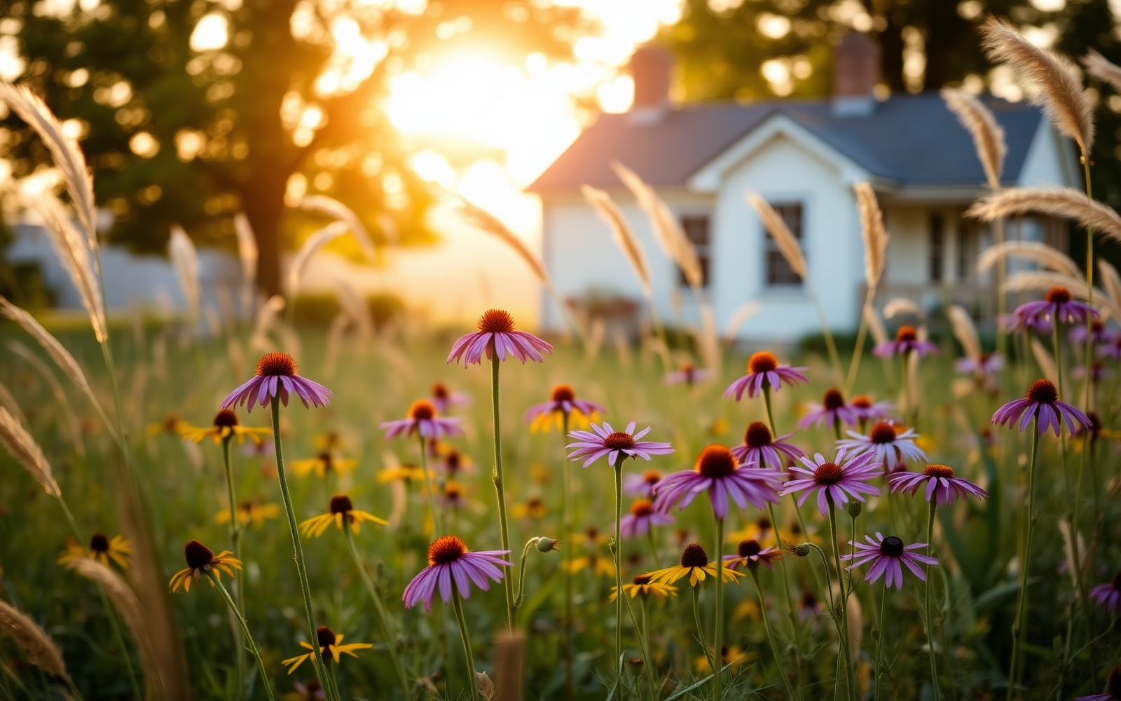 Native plant garden in front of a Virginia farmhouse at golden hour